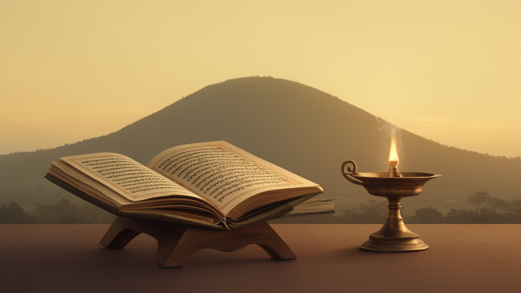 An open palm-leaf manuscript on a wooden stand beside a brass lamp, with a hill silhouetted at dawn, suggesting the study of Upanishadic texts.