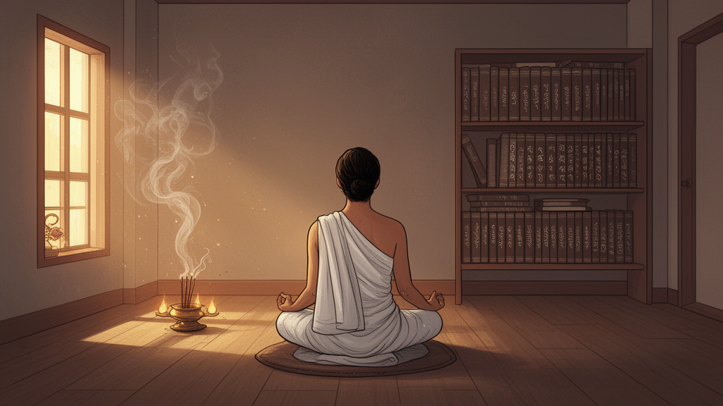A seated meditator in simple white cloth beside a shelf of scriptures in a quiet hall lit by lamplight, illustrating contemplative study of Upanishadic teaching.