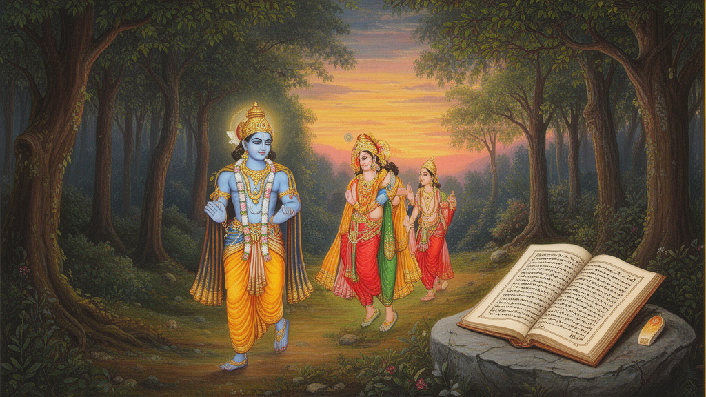 Miniature-style painting of Rama, Sita and Lakshmana travelling through a forest at dawn, illustrating the exile episode of the Ramayana.