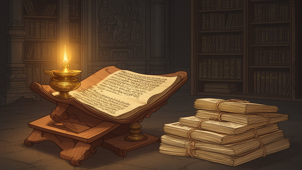 Open palm-leaf manuscript on a wooden stand in a temple library, representing the Ramayana as a traditional Sanskrit text.