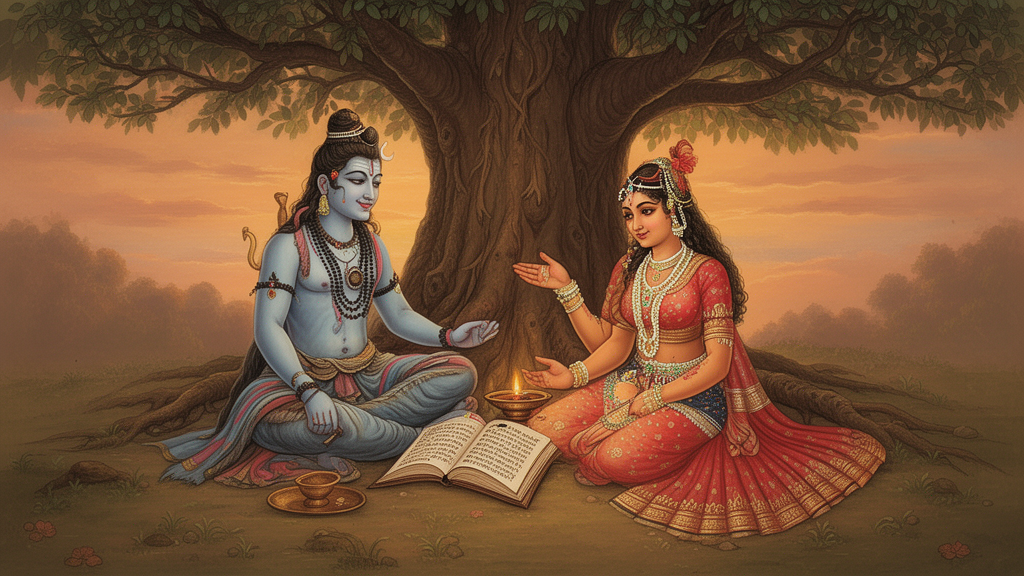 Illustration of Lord Shiva and Goddess Parvati under a banyan tree at dusk, with an open palm-leaf manuscript and an oil lamp, depicting the narrative setting of an Odia Ramayana retelling.