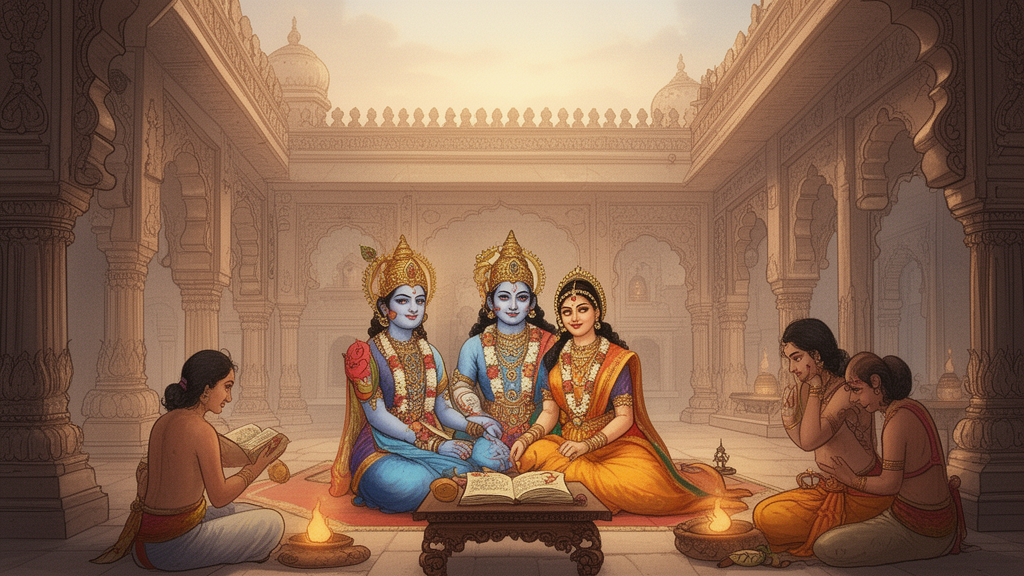 Illustration of Rama and Sita seated in a lamp-lit royal courtyard beside an open palm-leaf manuscript, representing the Odia Ramayana tradition of regional retelling.