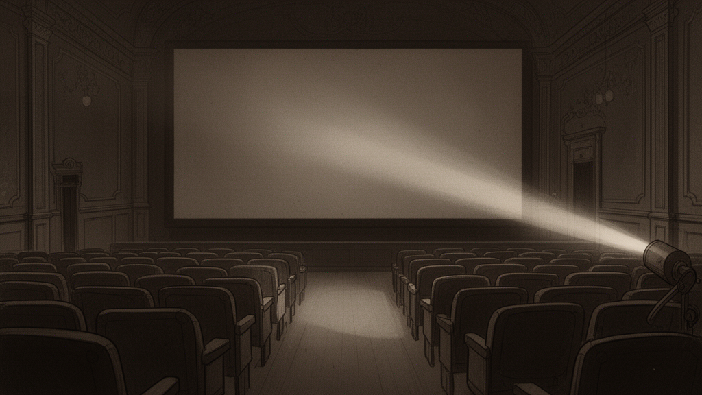Empty early cinema interior with a projector beam crossing a blank screen, shown in sepia tones to suggest the 1928 silent film era.