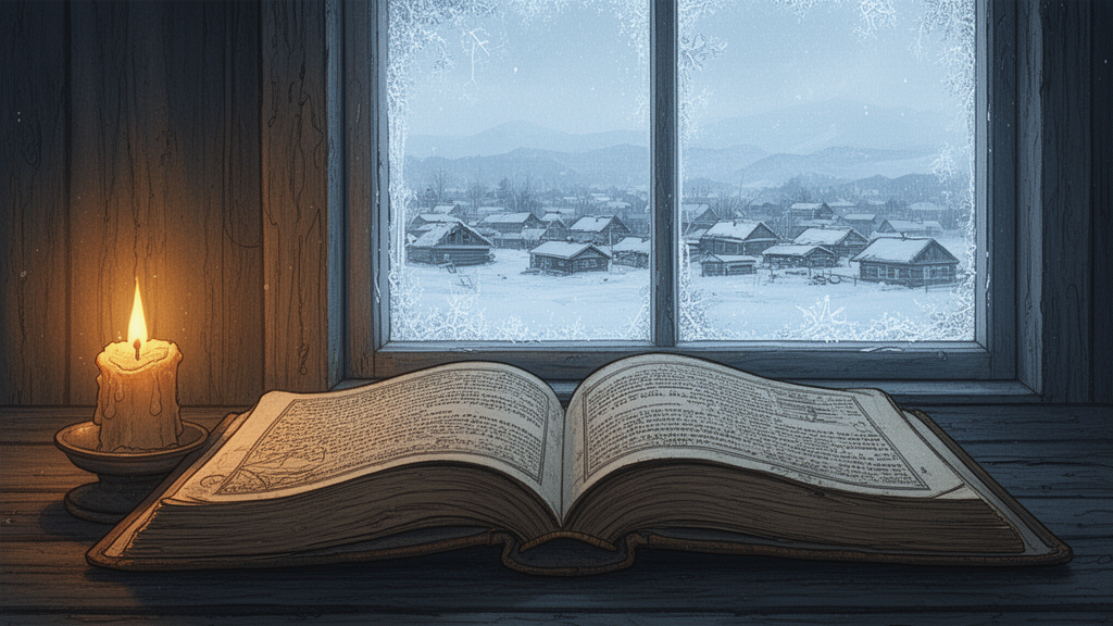 An open old book on a desk beside a candle, with a snowy village seen through a frosted window, suggesting a historical study of a Siberian-born figure.