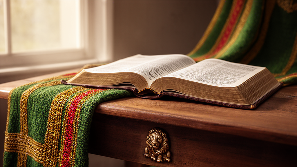 An open old scripture resting on a wooden table next to a woven cloth in red, gold, and green, with a small carved lion motif and soft window light.
