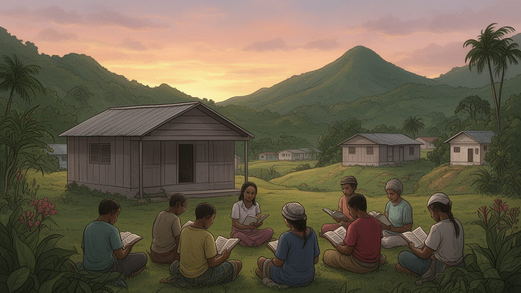 A quiet hillside meeting place in Jamaica at dawn, where several people sit in a circle reading separate books in front of green mountains.