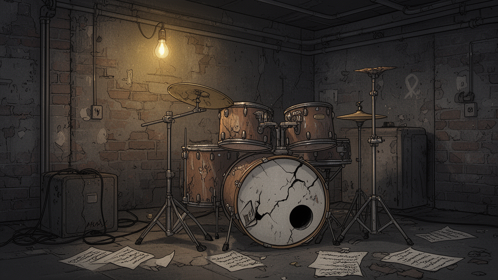 Illustration of a worn drum kit in a dim basement with a bare light bulb and a cracked cymbal, suggesting the punk music background of Rat Scabies.