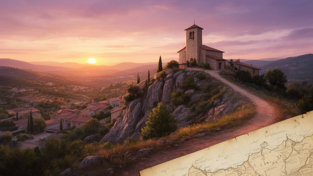 Illustration of a hilltop stone village in southern France at dusk, evoking the Rennes-le-Château setting of the book.