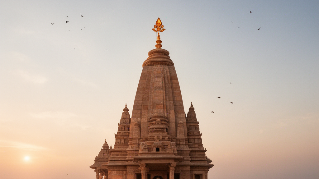 Dawn view of a Hindu temple tower with a small ornamental finial, illustrating the architectural meaning of ratna as the pinnacle of a shrine.