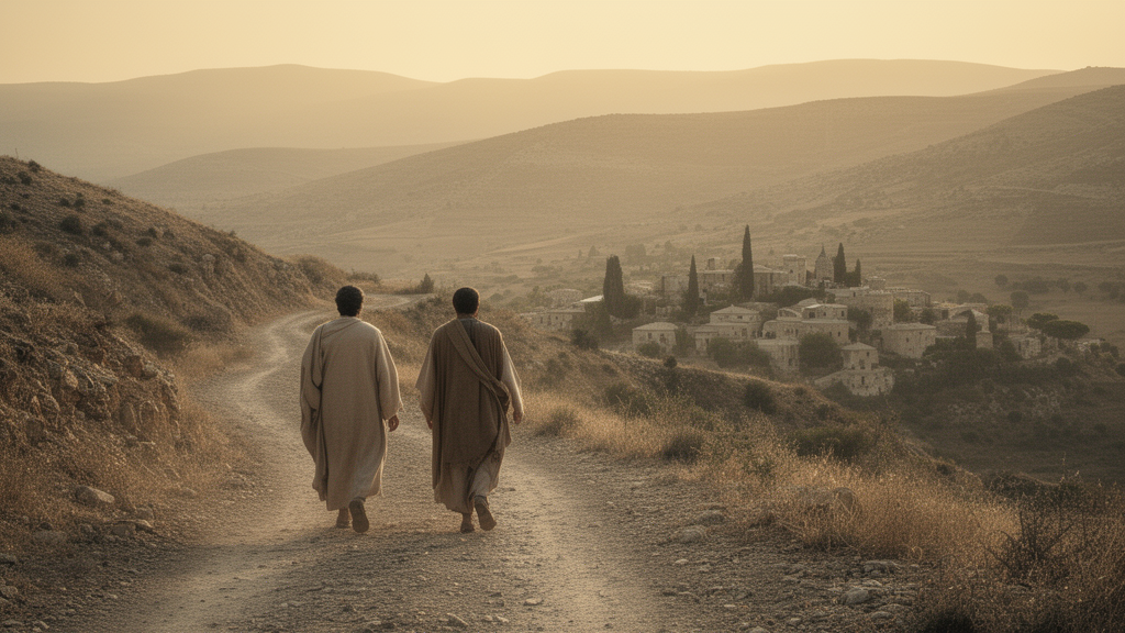 Two travelers in plain robes walk along a dusty road toward a village at dawn in the hill country of Samaria, illustrating the Acts 8 account.