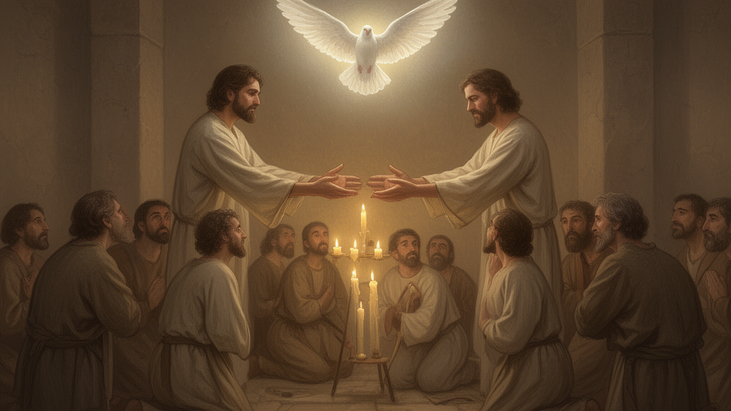 Two men extend their hands in prayer over kneeling believers in a softly lit room, illustrating the laying on of hands described in Acts 8.