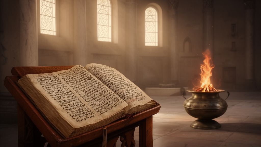 An open ancient manuscript on a lectern in a quiet fire temple, with a sacred flame glowing in the background.