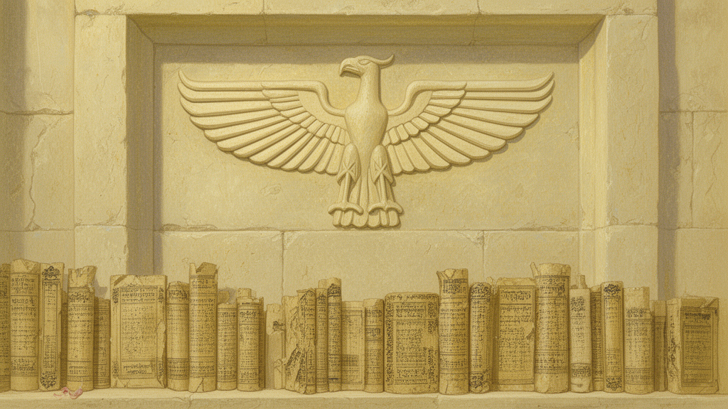 A carved faravahar symbol above a stone doorway beside a shelf of old manuscripts.