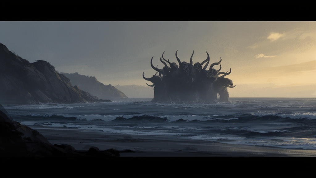 Dusk seashore with dark waves and a shadowy, symbolic beast-like form rising from the water, illustrating the sea imagery in Revelation 13:1.