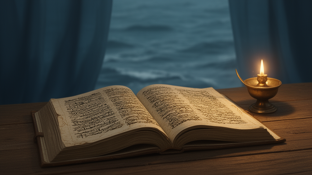 Open ancient-style scripture book beside a brass oil lamp on a wooden table, suggesting careful study of the Bible text.