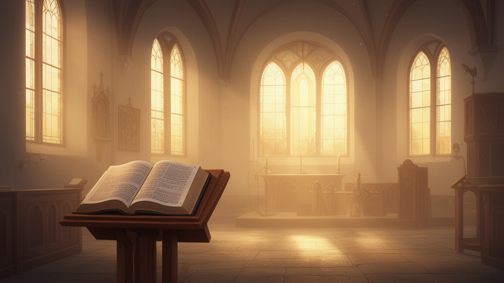 Interior of a quiet church at dawn with sunlight through tall windows falling on an open Bible on a wooden lectern.