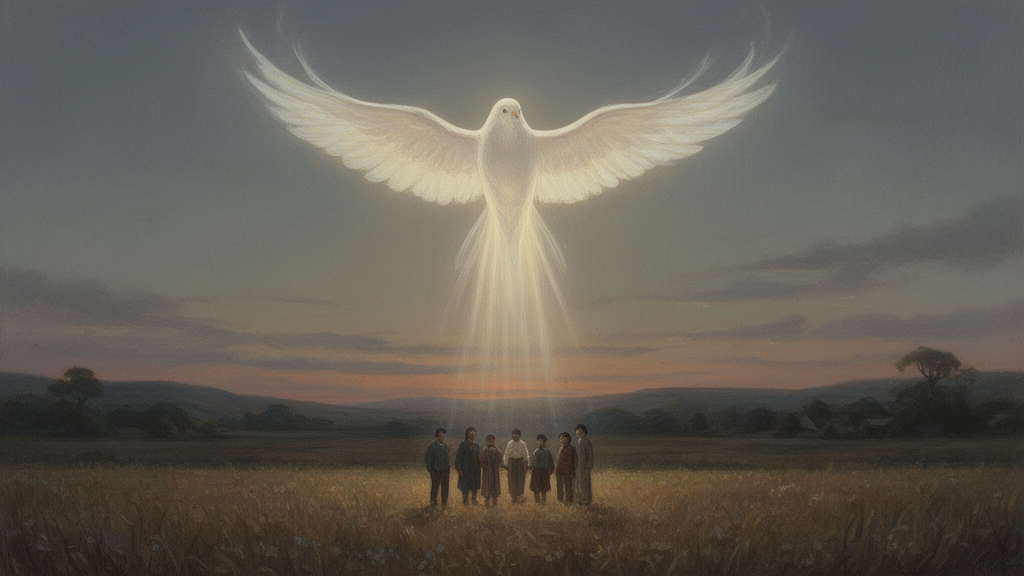 Small group of people gathered in an open field at dusk while soft light descends above them, drawn in a respectful painterly style.