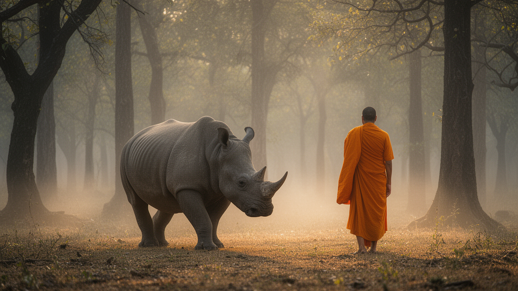 A lone Indian rhinoceros walks through a misty forest at dawn, with a distant monk in saffron robes, evoking the solitary practice described in the Rhinoceros Sutra.