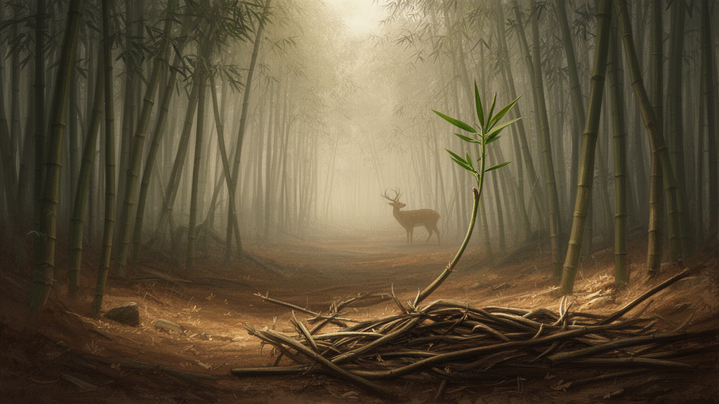 A single bamboo sprout stands apart from a tangled bamboo cluster in a quiet grove, illustrating the sutra's image of freedom from entanglement.