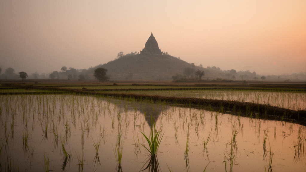 A single green rice seedling in a paddy field at dusk, with a distant hilltop and small stupa silhouette, illustrating the setting of the Rice Seedling Sutra.