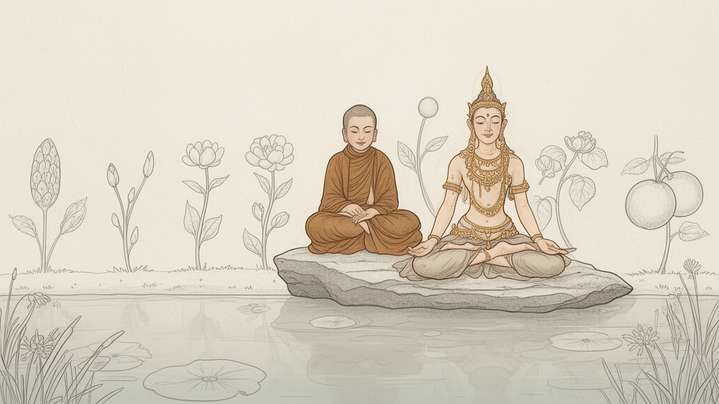 Two seated figures beside a calm pond with a botanical sequence of seed, sprout, flower and fruit, illustrating the seed-and-sprout image used in the Rice Seedling Sutra.