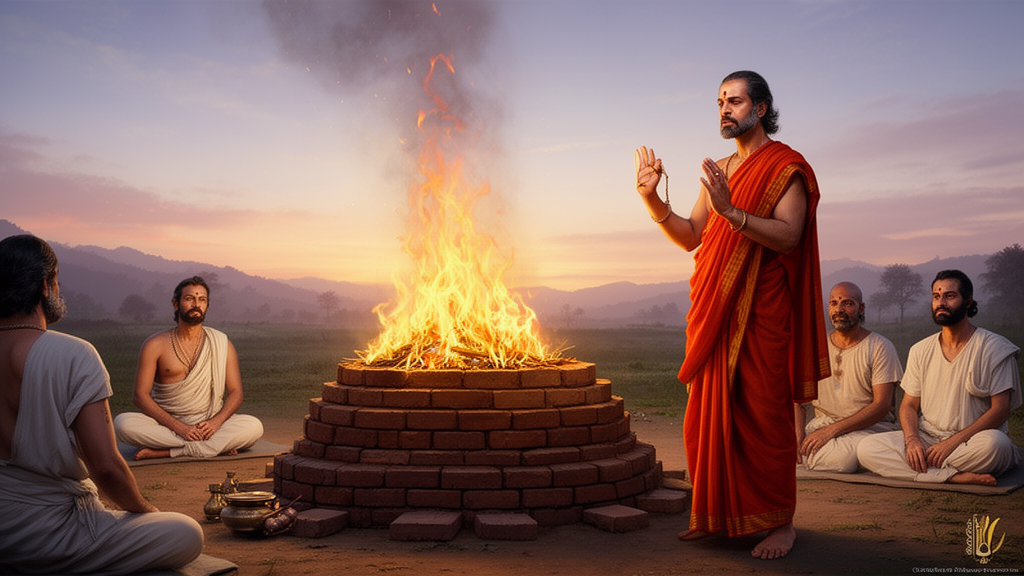 Illustration of a Vedic fire sacrifice at dawn, with a robed priest reciting beside a brick altar and attendants seated nearby.