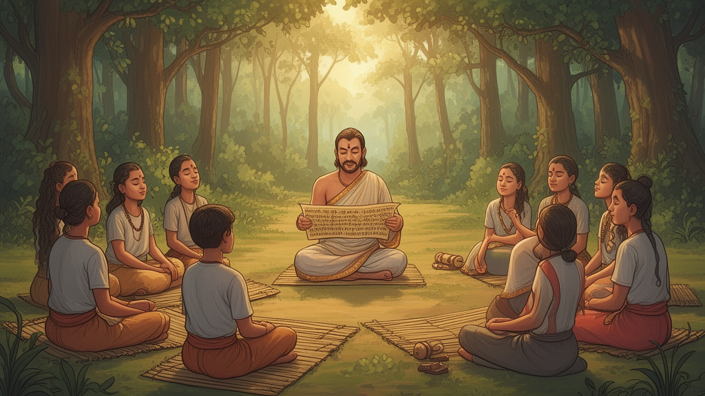 Illustration of a teacher and students reciting Vedic verses together in a forest hermitage, with a palm-leaf manuscript held in the teacher's hands.