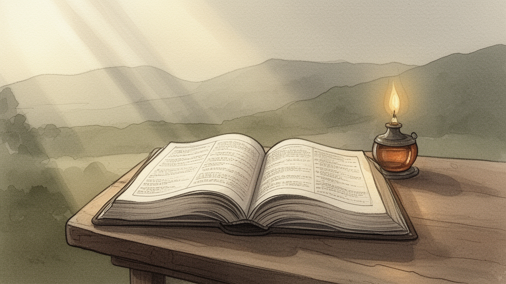 An open Bible and a lit oil lamp on a wooden table in soft morning light, illustrating a quiet devotional reading of Romans 3.