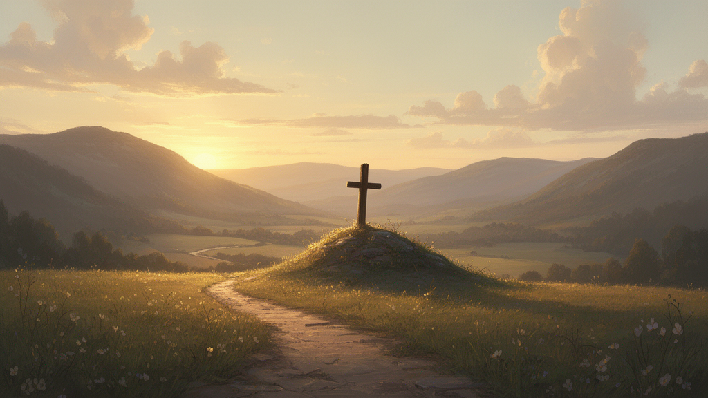 A dawn landscape with a winding path through a valley and a small wooden cross on a distant rise, suggesting reflection on faith and grace.