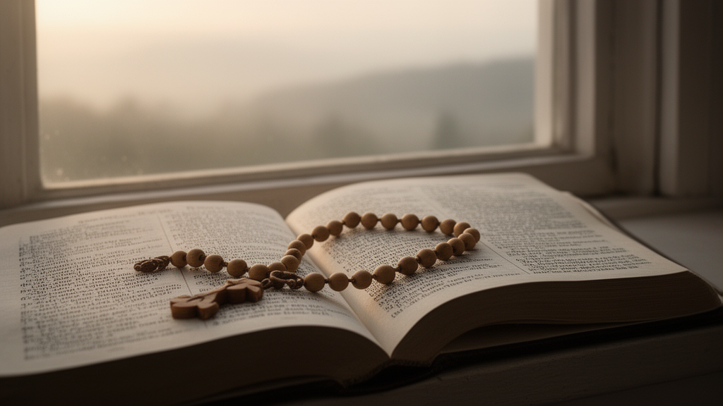 An open English prayer book with wooden rosary beads resting on its pages in soft morning light.