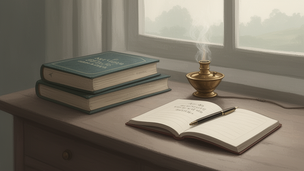 A quiet reading desk with devotional books, a small oil lamp, and an open notebook for reflection.
