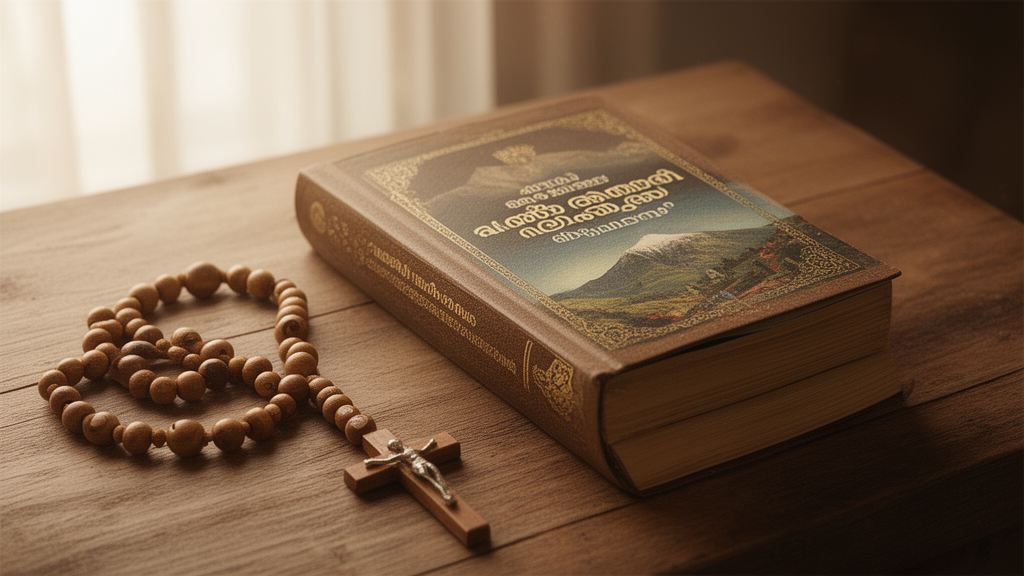 A Malayalam rosary prayer book placed beside wooden rosary beads and a small crucifix on a table in soft morning light.