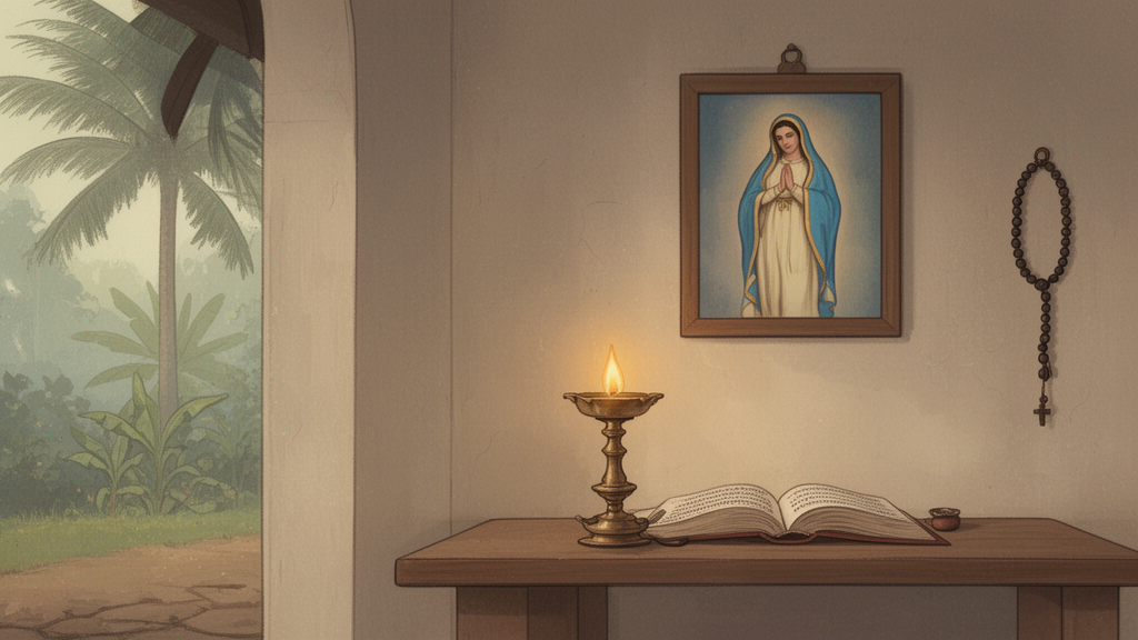 A quiet prayer corner in a Kerala-style home with an oil lamp, an open devotional book, and a rosary near a simple painted image of Mary.