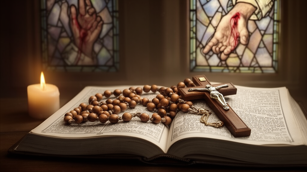 Wooden rosary beads and a crucifix on an open prayer book, lit by candlelight.