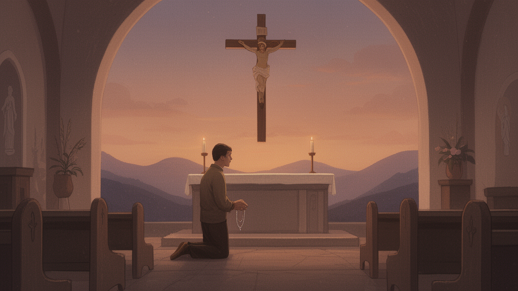 A person kneeling in a quiet church with rosary beads before a crucifix at dusk.