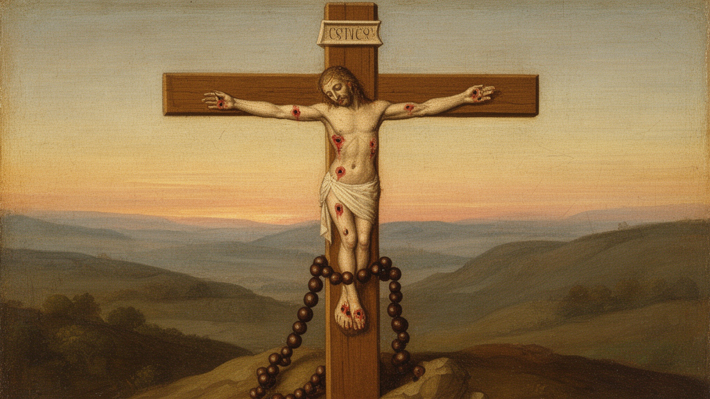 A wooden crucifix with five small wound marks on the hands, feet, and side, with a rosary of dark wooden beads at the base of the cross under soft dawn light.