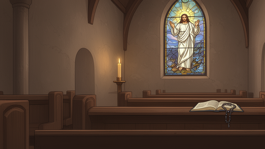 A quiet church interior with a candle, a stained-glass image of the risen Christ showing his hands, and an open prayer book beside a rosary on a pew.