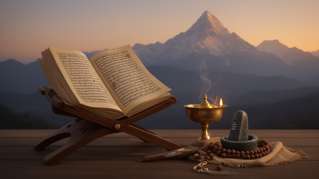 An open manuscript, brass lamp, rudraksha beads and a small lingam arranged on cloth in a quiet study setting with mountains beyond.