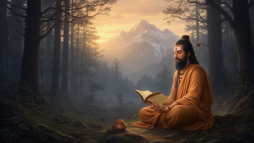 A seated ascetic with three horizontal ash lines on the forehead meditates in a forest at dawn beside an open manuscript, illustrating Shaiva devotion.