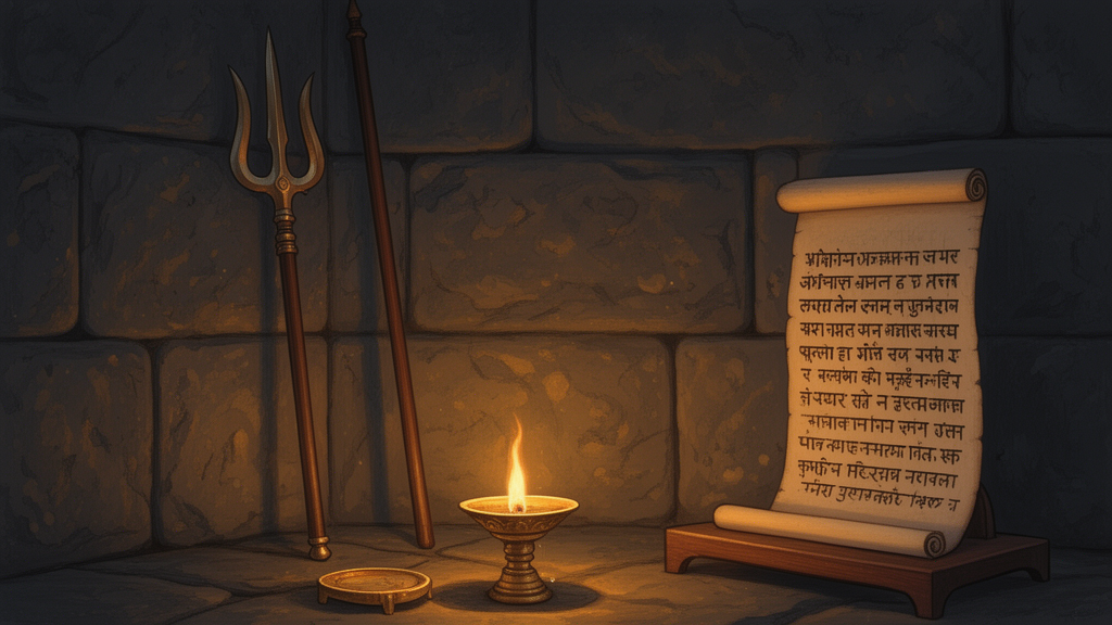 A quiet Shiva shrine with a lamp, a trident and a Sanskrit scroll on a wooden stand, illustrating traditional Shaiva worship settings.