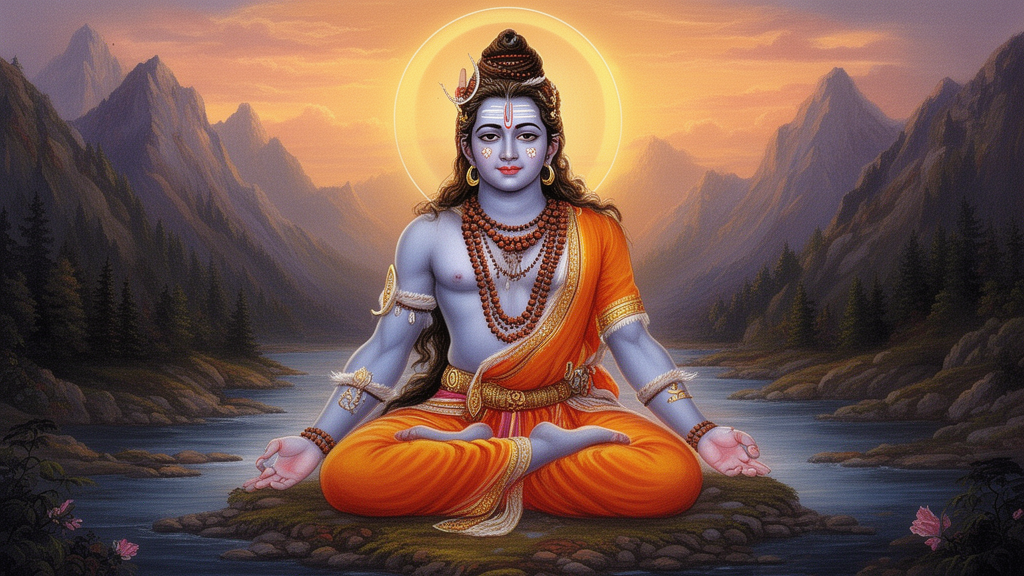 Painting of Rudra and Uma seated together in a Himalayan landscape, shown as one harmonious devotional image with sacred ash and rudraksha beads.