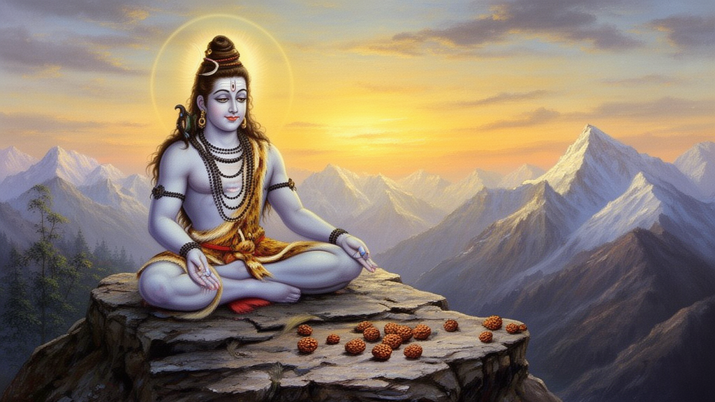 Painted scene of Lord Shiva in meditation on a Himalayan ridge at dusk, with rudraksha seeds on a stone ledge in the foreground.