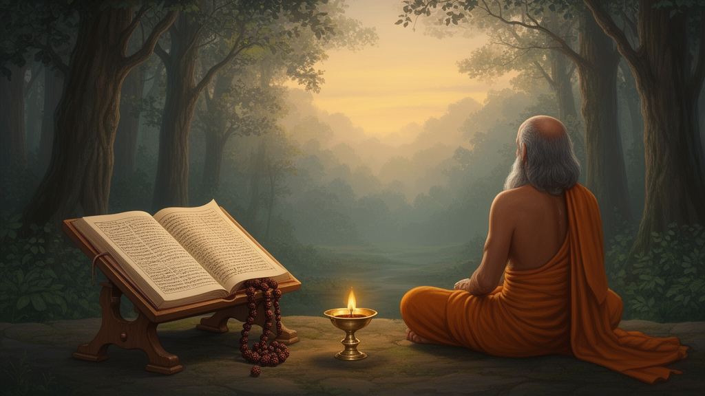 An open manuscript, a string of dark rudraksha beads, and a brass lamp on a wooden stand, with a seated sage in ochre cloth in a forest at dawn.
