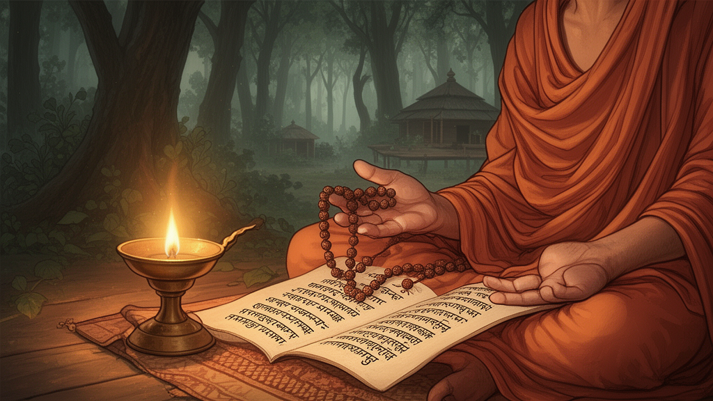 Hands holding a strand of rudraksha prayer beads above an open manuscript in an ashram setting with soft lamplight.