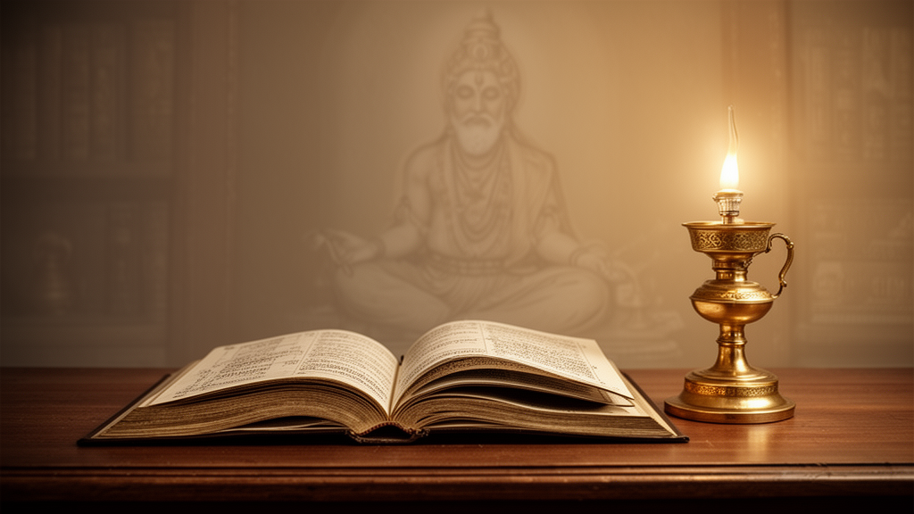 An open book and lit brass oil lamp on a wooden desk, suggesting quiet study of Upanishadic texts.