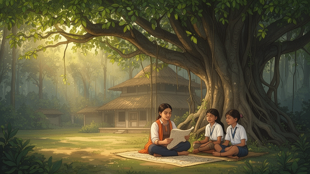 A teacher and two students reading beneath a banyan tree in a forest ashram setting.