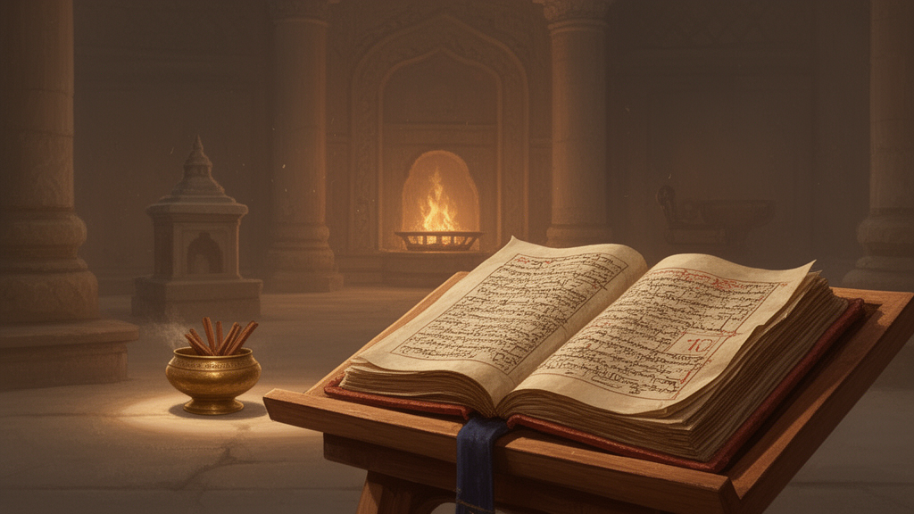 An open ancient manuscript on a wooden lectern beside a small bowl and a sacred fire urn in a quiet temple interior, lit by soft lamplight.