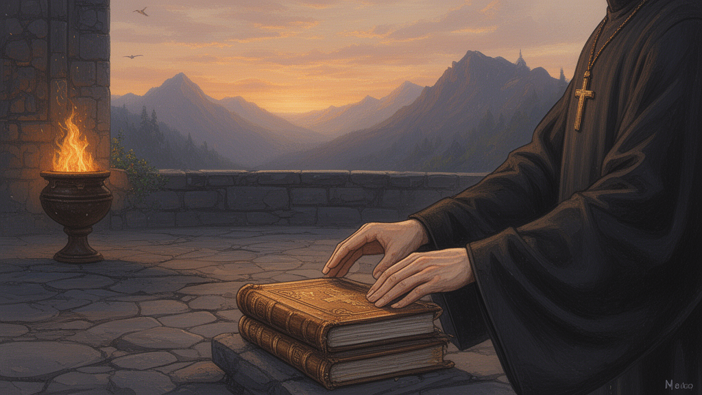 A priest's hands resting beside bound scriptures in a stone courtyard at dawn, with a sacred flame visible in the distance.