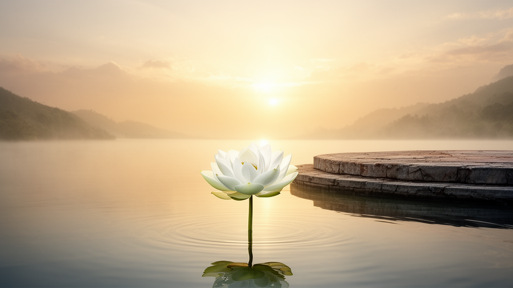 A white lotus rising above still water at dawn, illustrating the lotus symbol associated with the Saddharma Pundarika Sutra.