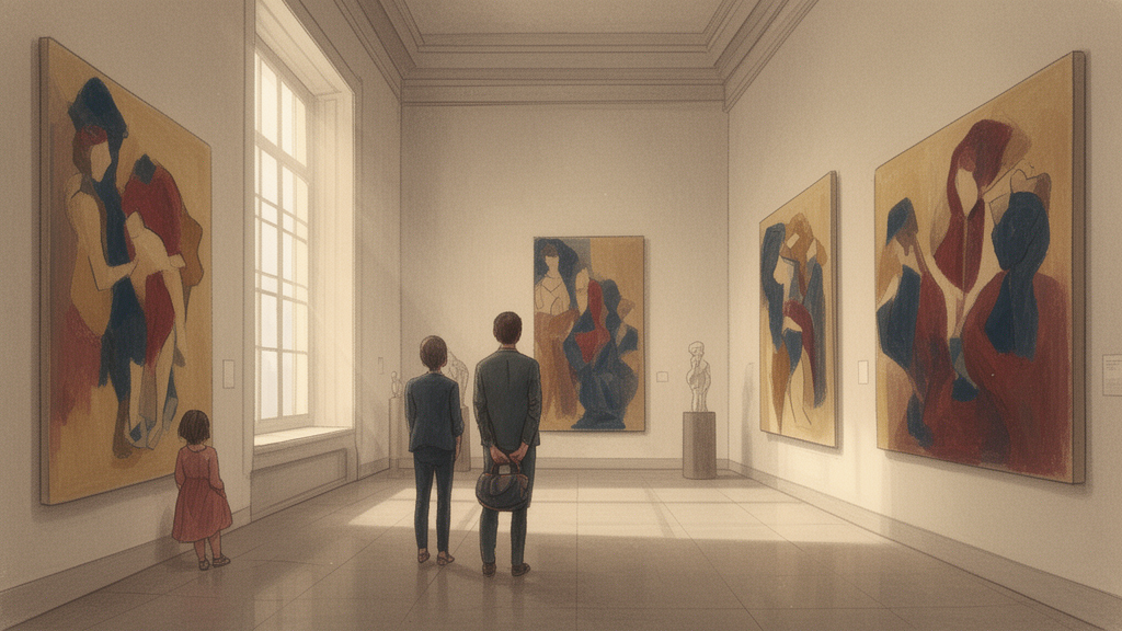 Visitors walk through a quiet gallery with large figurative paintings in muted ochre, indigo and red, illustrating an exhibition of mid-century Pakistani art.